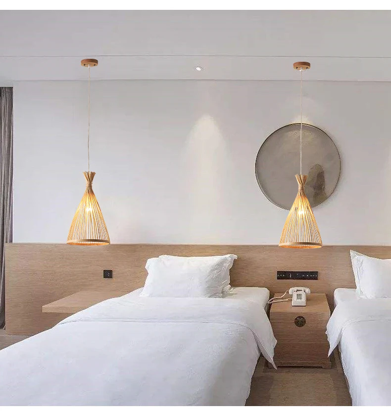 Luz colgante de comedor hecho a mano de bambú Natural, lámpara de suspensión para dormitorio, restaurante, E27