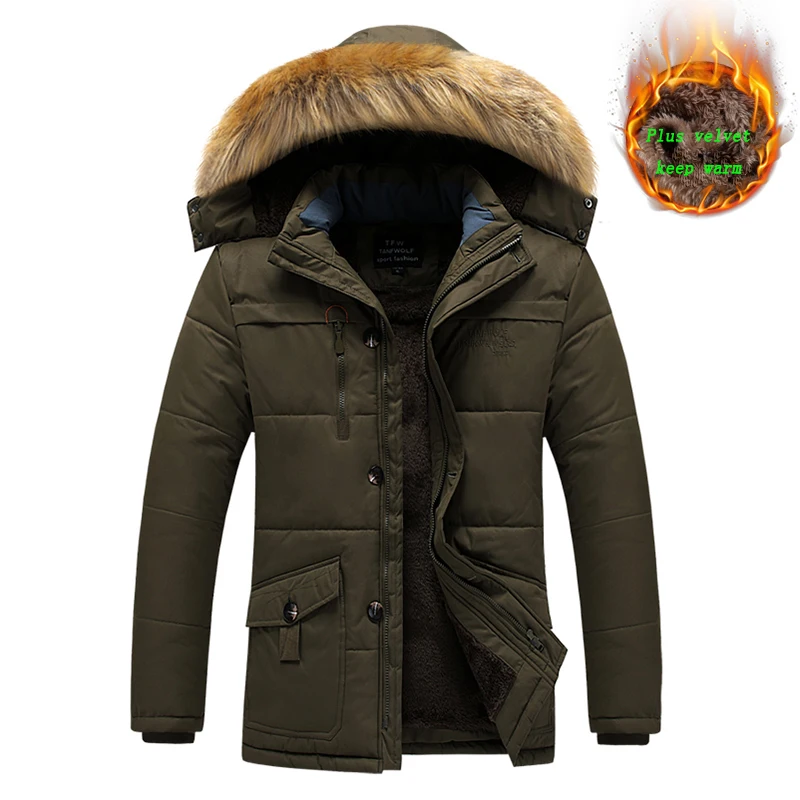 Men's L-8XL Large Size Zip Jacket Winter Warm Jacket Jacket Plus Velvet Thickened Long Windproof Hooded Jacket Warm Quilted Coat