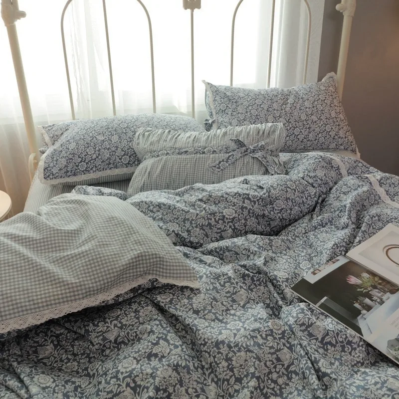 

Girls Flower Bedding Set Super Soft Blue100% Cotton Vintage Floral Duvet Cover Sheet 2 Pillowcases Fresh Flowers Quilt Cover set