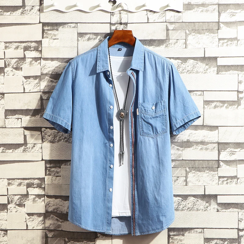 Джинсовая рубашка мужская с коротким рукавом приталенный силуэт блуза из денима