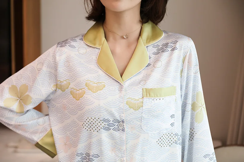 

Women's Pajamas With Trousers Printed Home Clothes Lapel Long Sleeve Sleepwear Pyjamas Pour Femme Summer Sleep Set Lingerie