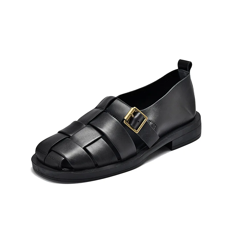 

Johnature Genuine Leather Retro Shoes Women Sandals Buckle Strap 2021 New Handmade Weave Concise Flat With Casual Ladies Sandals