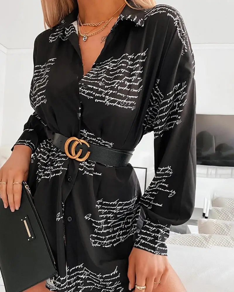 

Women Letter Print Design Shirt Mini Dress Elegant Sexy Office Lady Dress Women Long Sleeve Turn Down Collar Casual Dress