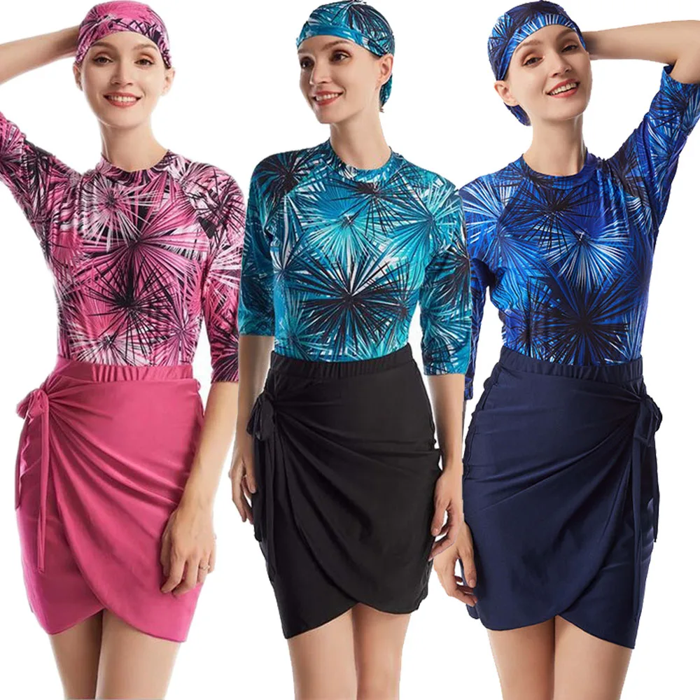 

3 Pieces Modest Muslim Printed Swimwear Burkini Islamic Swimsuit Bikini Full Cover Beachwear Arabic Swimwear Top Skirt Caps Sets