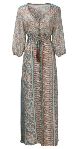 

Hot Fashion Women Summer Sexy Long Sleeve Floral Chiffon Boho Party Vintage Print V Neck Beach Maxi Long Dress Print Plus Size