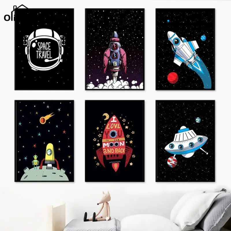 

Planet Rocket Spaceship Sky Star Nursery Space Wall Art Canvas Painting Nordic Posters and Prints Wall Pictures Kids Room Decor