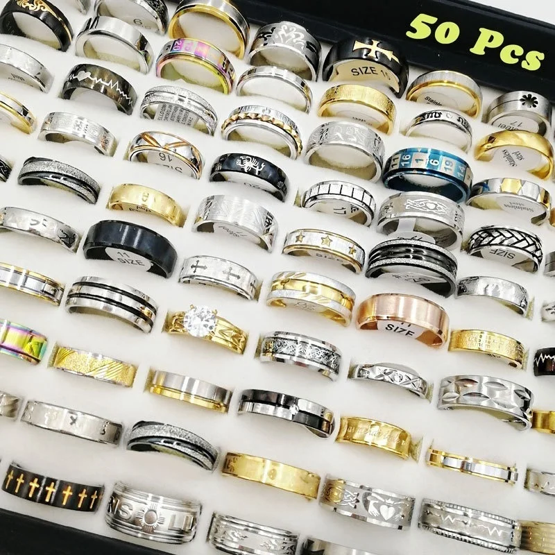 

50Pcs/Lot Stainless Steel Rings For Women Men Mix Titanium Band Designer Jewelry Accessories Wedding Party Gift Wholesale Anillo