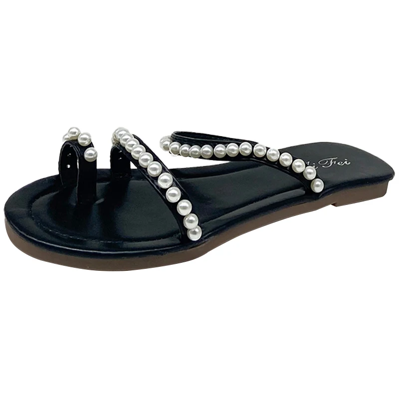 

2021 Summer New Slippers Women String Bead Clip-toe Slides Fashion Pearl Flat Sandals Outdoor Beach Slippers Flip Flop Lady Shoe