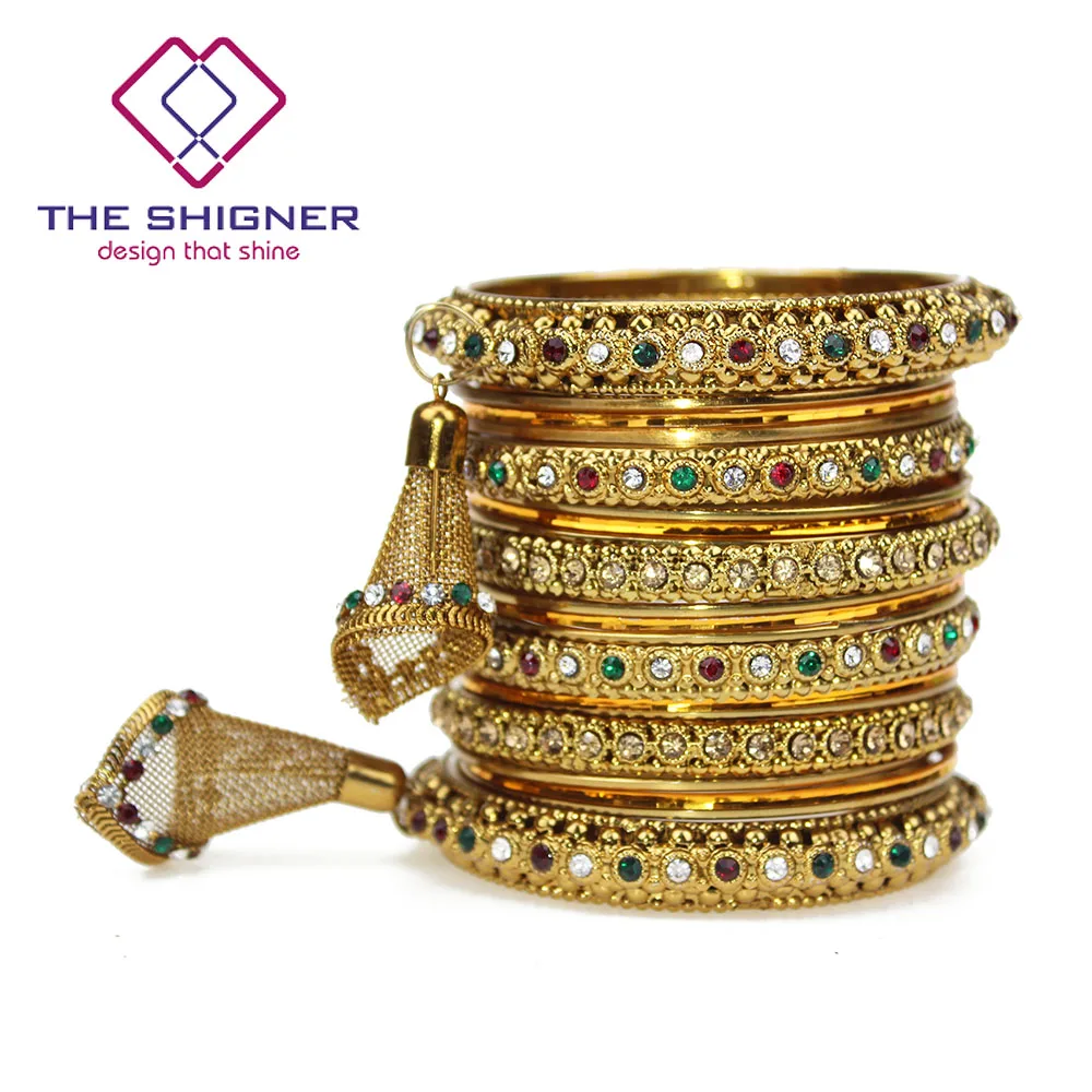 SHIGNER болливудское украшение золотистого цвета латкан Jhumka Свадебный Choora Набор браслетов 34 шт./компл. индийские Kada Chuda ювелирные изделия