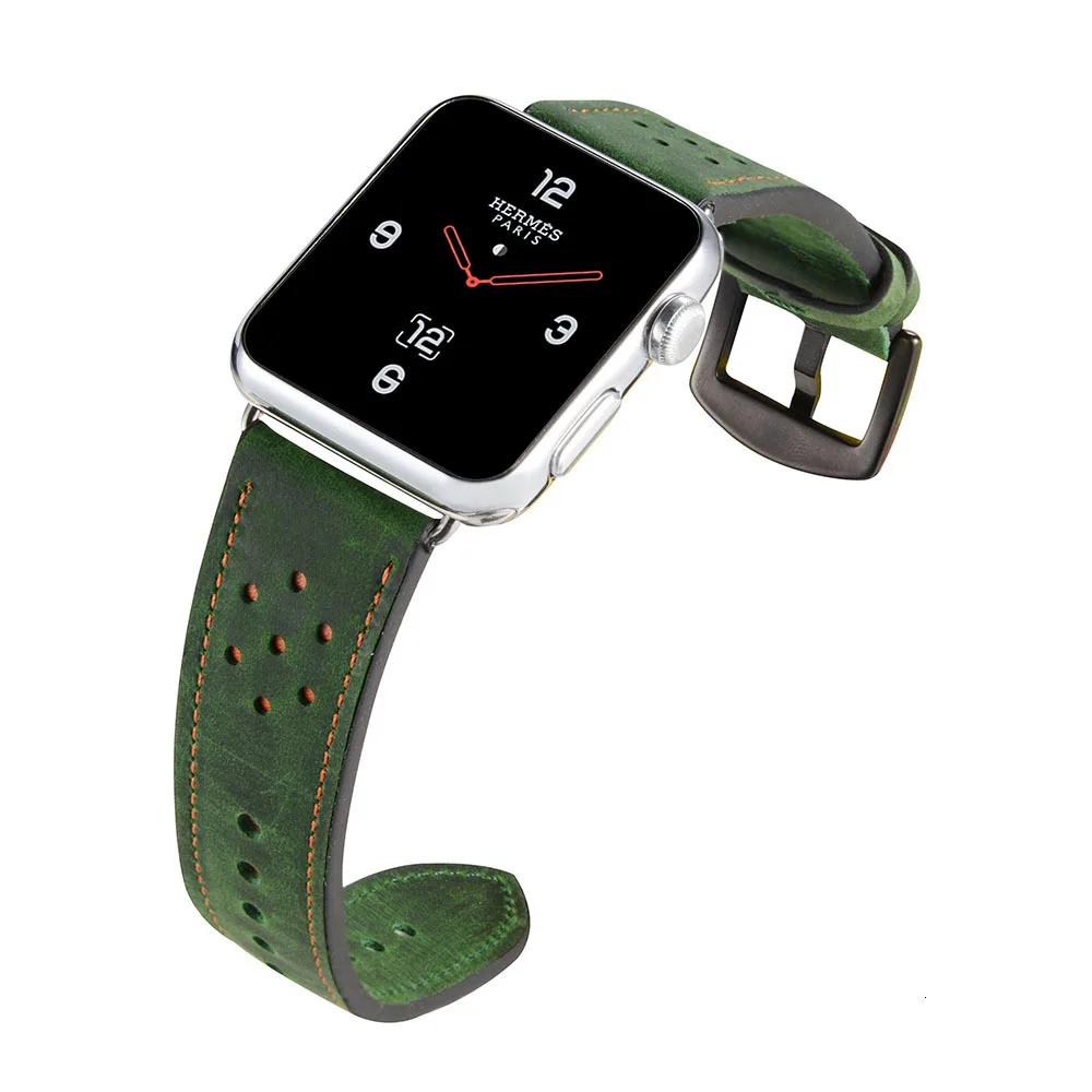 Зеленый Роскошный кожаный ремешок в стиле ретро для Apple watch 44 мм 42 мм 38 с черным адаптером для iwatch серии 5 1 2 3 ремешок для часов - Цвет ремешка: Зеленый