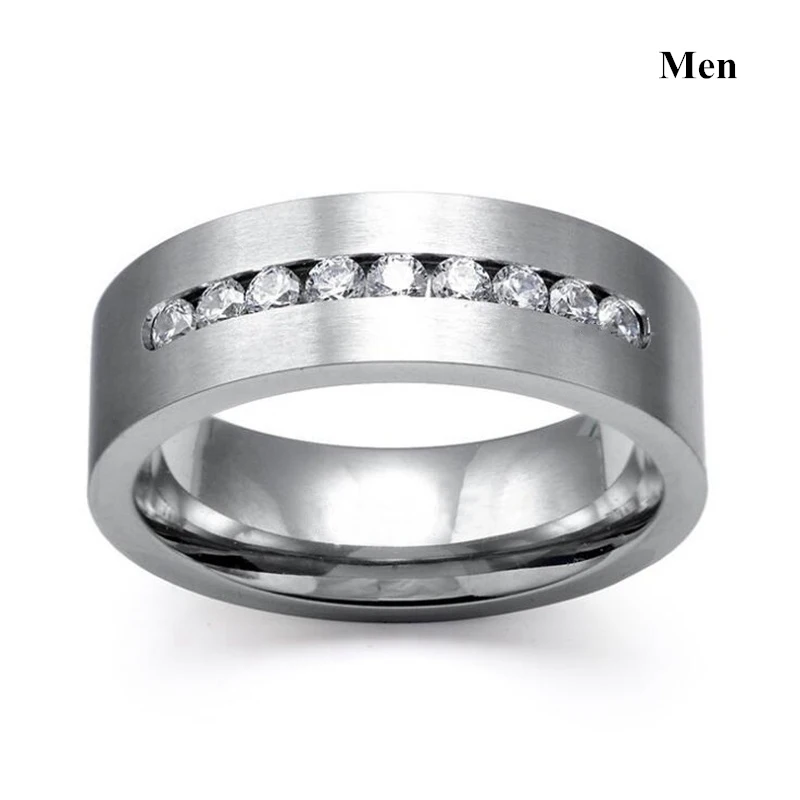 

8MM Fashion Stainless Steel Rings For Men Accessories Wedding Band Anniversary Gift Trendy Row Zircon Rhinestones Rings