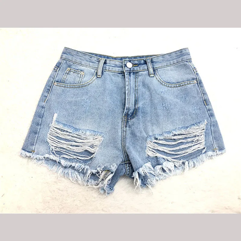 

2021 Summer Retro Wild Hole Light Blue Mid-waist Shorts Irregular Women's Sexy Short Trend Tassel Slim Denim Shorts
