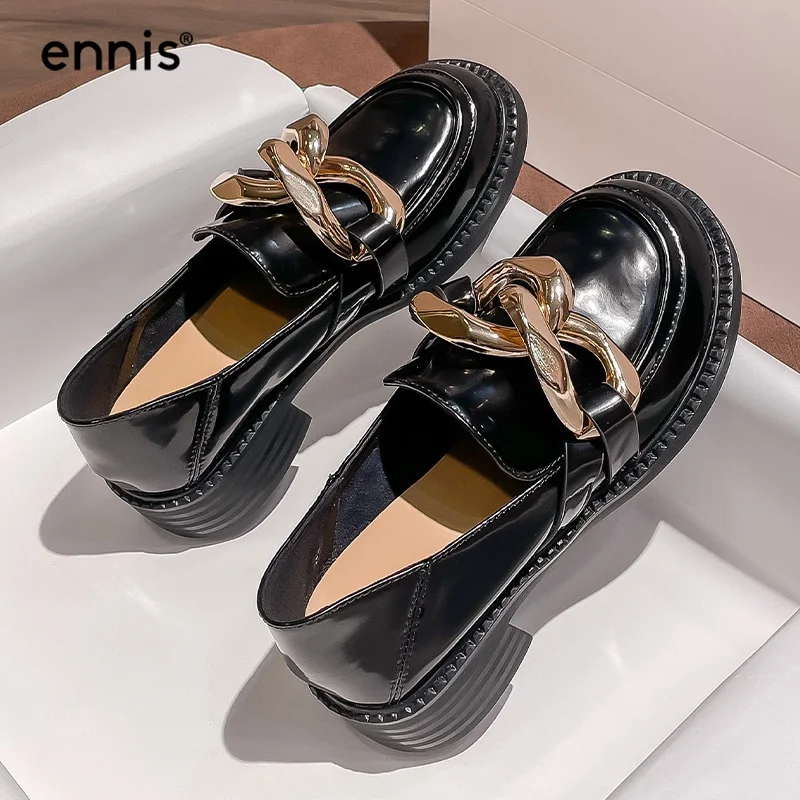 

ENNIS Vintage Women's Loafers Genuine Leather Designer Shoes With Chain Boat Shoes Black Casual Shoes Round Toe Autumn New F110