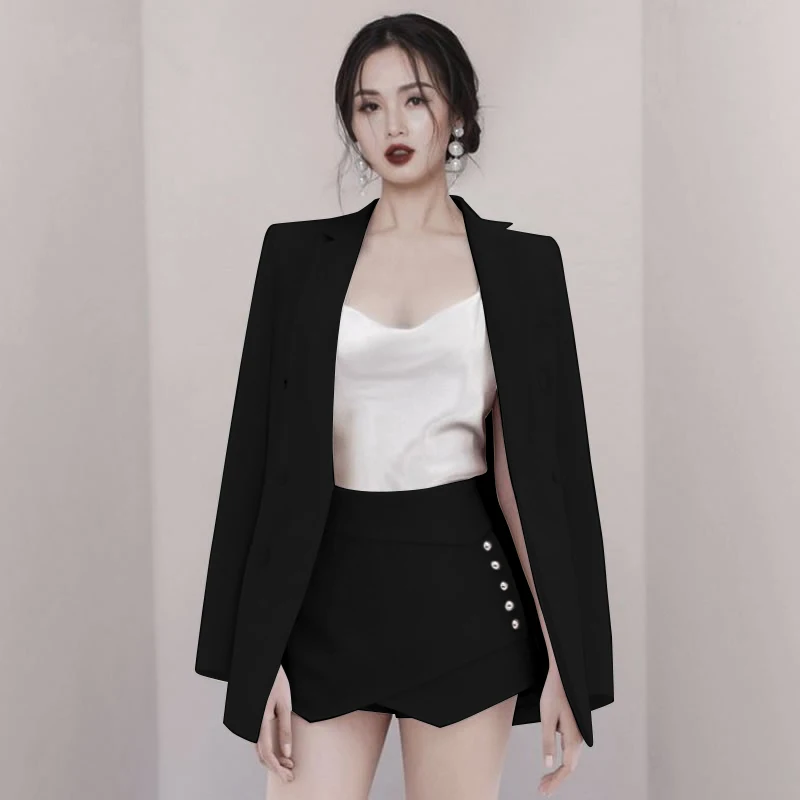 

Women Office Lady Black Solid Short Pant Suits 2 Two Piece set Fashion Notched Jacket Blazer + Zipper Short Femme Sets