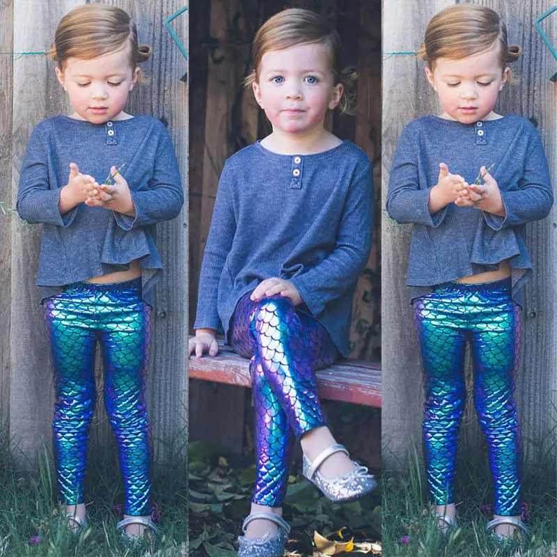 Novelty Kid Girl Skinny Mermaid Shiny Fish Scale Leggings Stretchy Pants Pencil Trousers | Детская одежда и обувь
