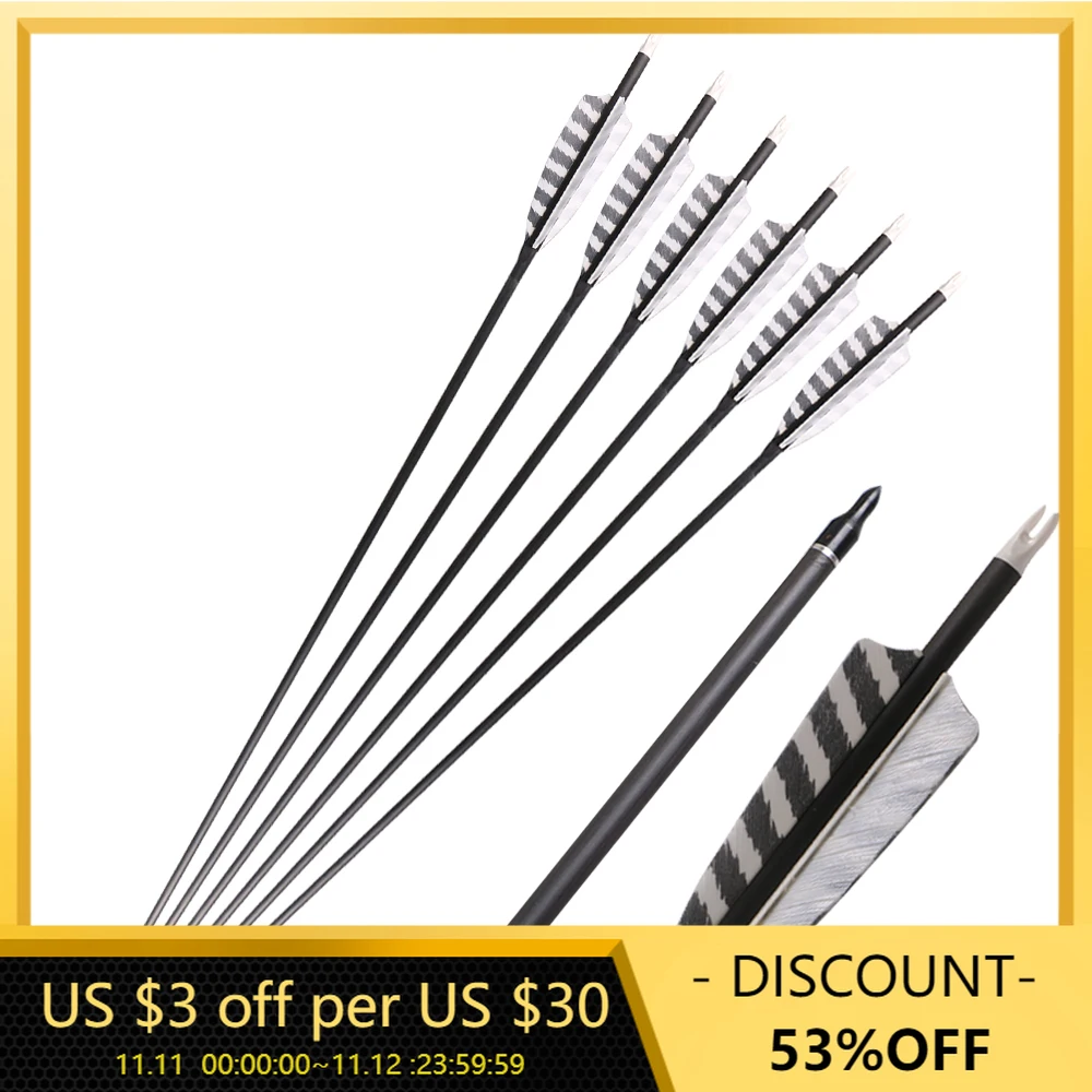 

6/12pc 32 inch Spine 400 ID 6.2mm Pure Carbon Arrows With 4" Turkey Feather Arrows for Longbow Recurve Bow Hunting Archey Bow