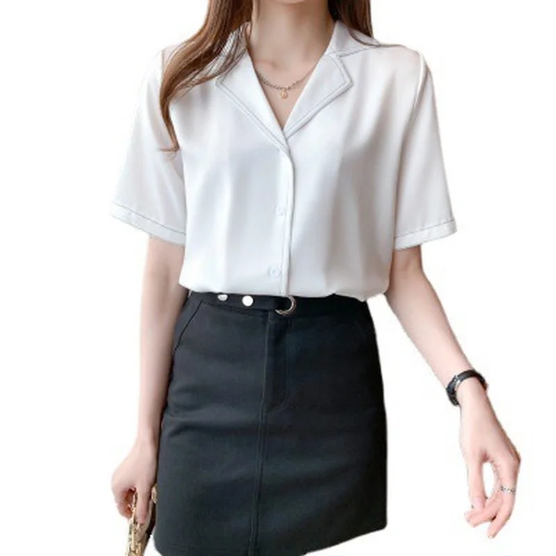 

Houthion Chiffon Slim Women's Blouses New Casual Blouse Fashion Short Sleeve Top Solid Color Buttons V-neck Shirt Summer