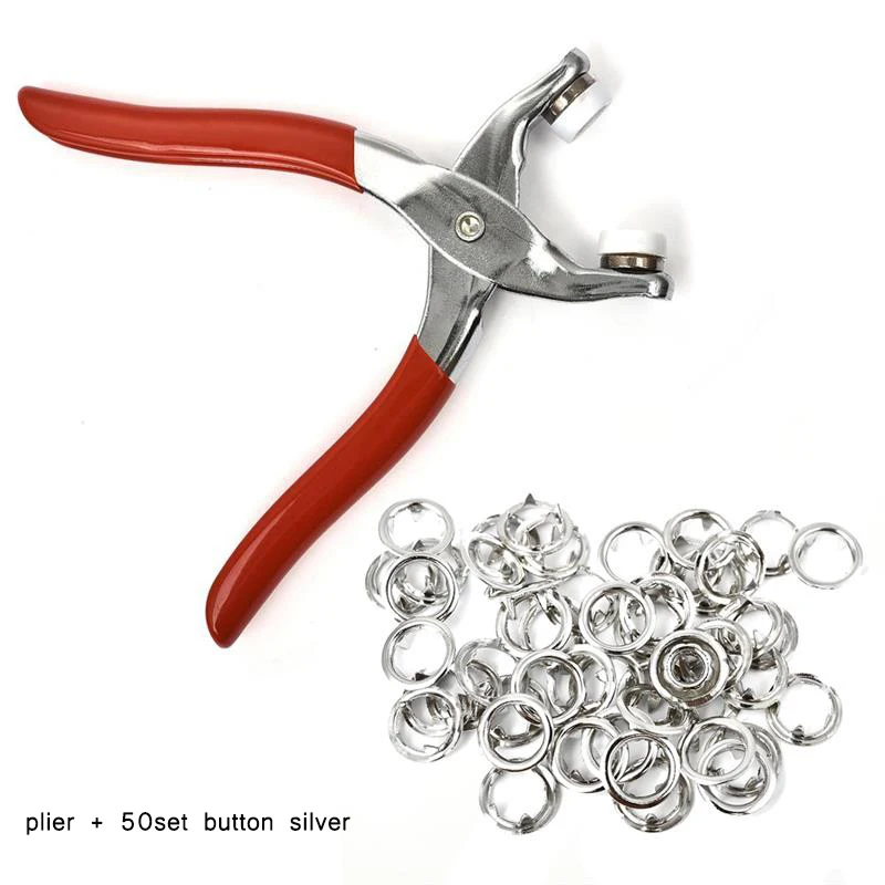 plier and 50 silver Плоскогубцы инструмент+ 9,5 мм металлический штырь кнопки-50/100 комплекты зажимы Пресс заклепки Poppers детских ползунков Пряжка швейная машина инструмент - Цвет: plier and 50 silver