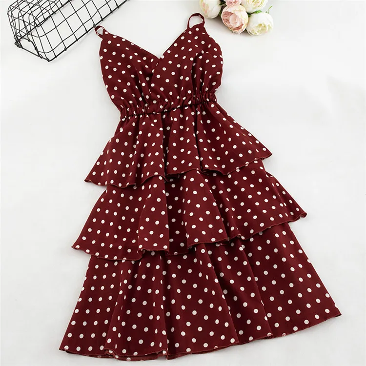 Three layer Dark Red Летний точка спагетти ремень платье Для женщин ниспадающей оборкой многослойная платья без рукавов с v-образным вырезом сарафан партия Vestidos Mw614 - Цвет: Three layer Dark Red