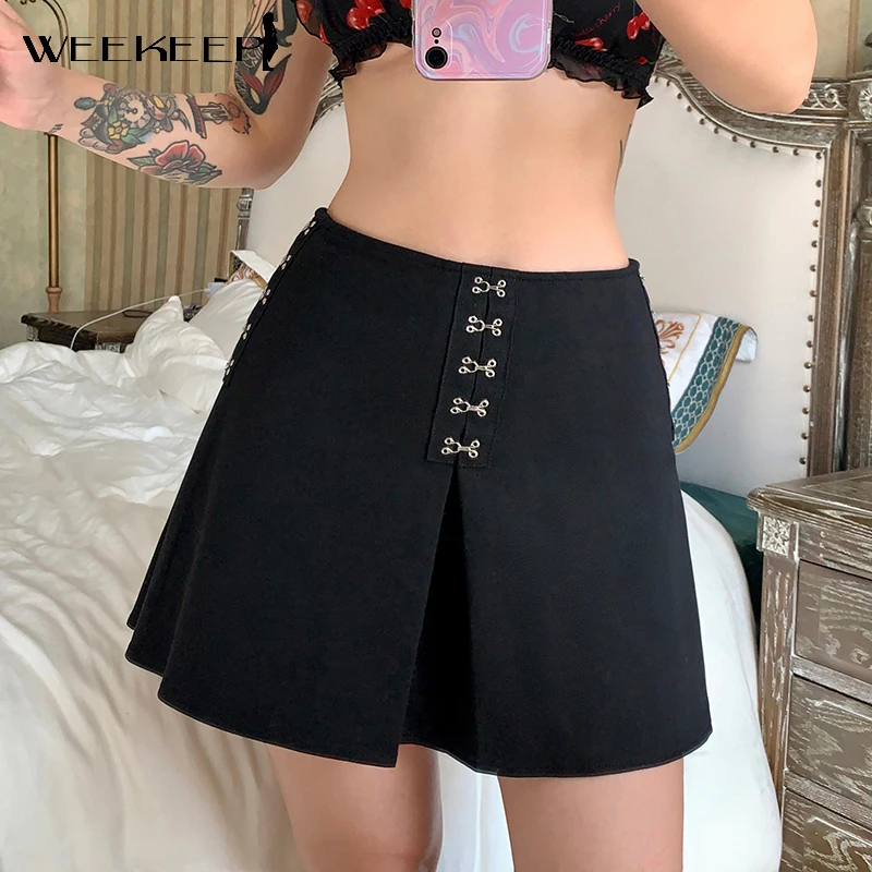 

Weekeep Gothic Black Short Skirt Women High Waisted Ruched Mini Skirts Summer Harajuku Solid Streetwear Clothing Korean Fashion