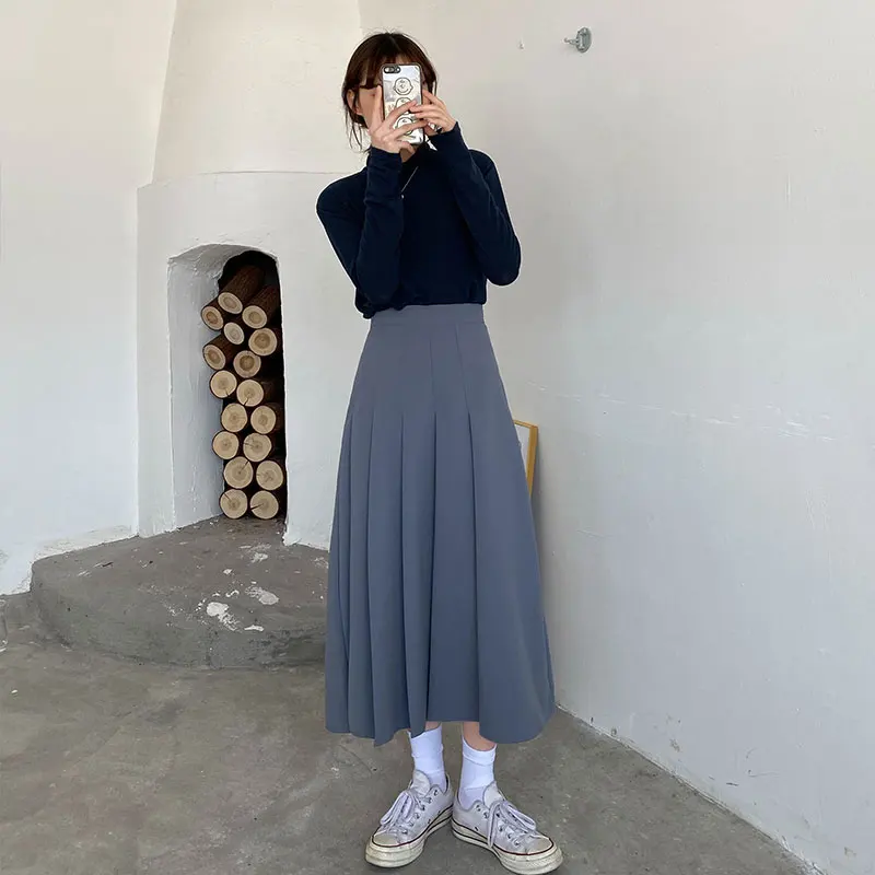 3 colors SML autumn winter Women Long pleated Skirt vintage midi skirt solid color High Waist long Skirts womens (X263) | Женская одежда