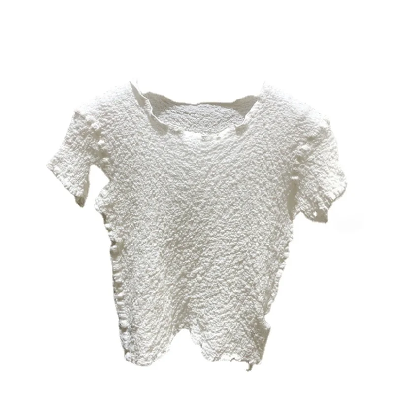 

Tight Fold T-Shirt for Women 2021 Summer New Round Neck Slim Fit Pleated All-Match Short Sleeve Tshirt Ins Fashion Lady Tops