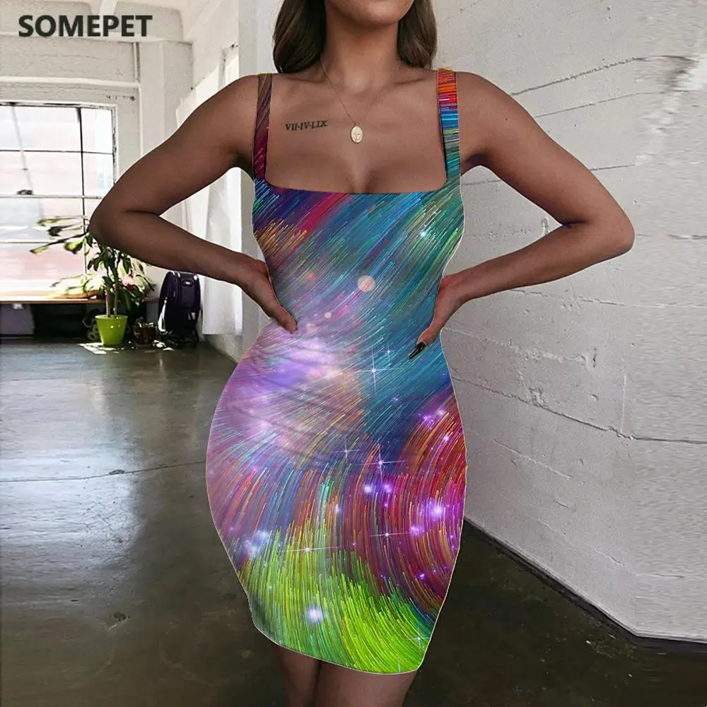 

SOMEPET Colorful Dress Women Line 3d Print Painting Ladies Dresses Psychedelic Vestido Sexy Womens Clothing Mini Evening New