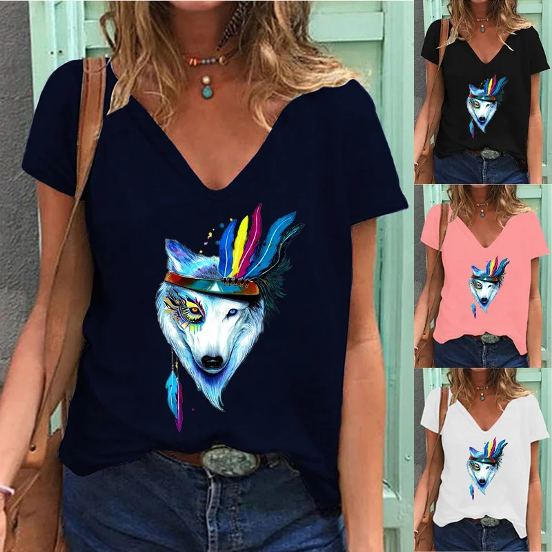 

Новая женская летняя модная футболка с забавным принтом волка, Повседневная футболка с коротким рукавом и V-образным вырезом, Свободный пул...