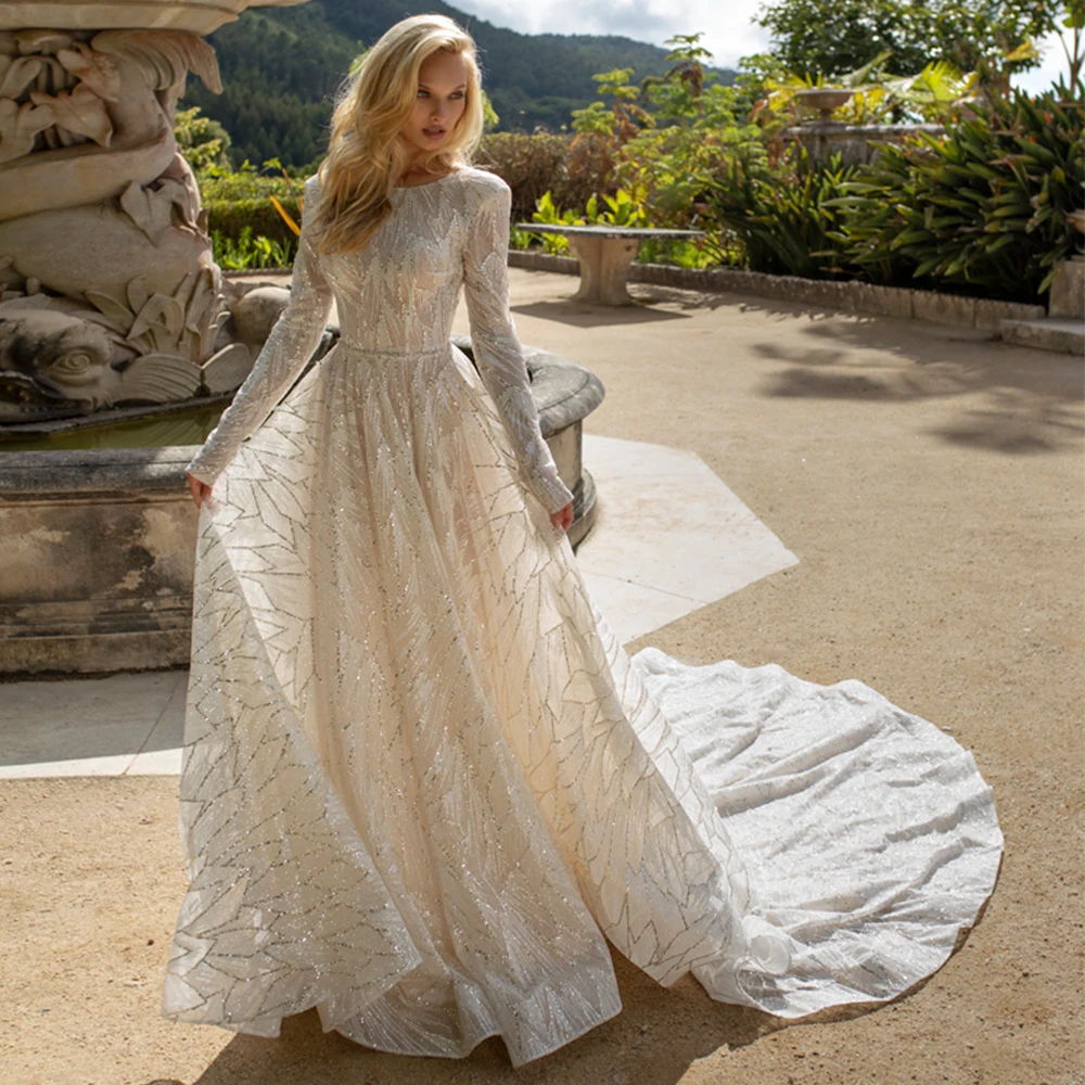 

Блестящие Свадебные платья-трапеции с глубоким круглым вырезом и длинными рукавами, соблазнительные Свадебные платья до пола с блестками и...