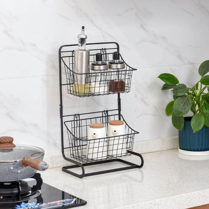 

2-Tier Kitchen Countertop Metal Wire Storage Rack Wrought Iron Spice Seasoning Holder Removable Basket Shelves Bathroom
