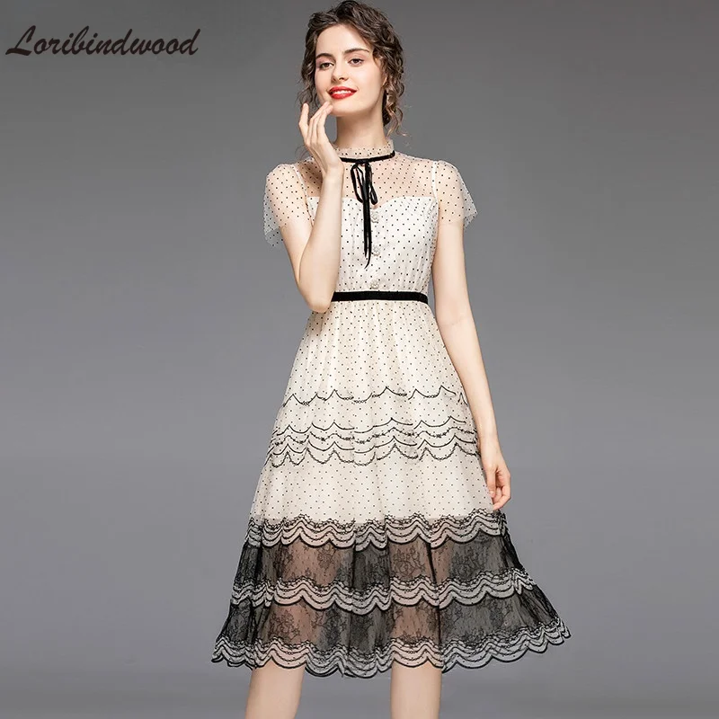 

Women Elegant Patchwork Embroidery Dot Mesh Dress Festa 2021 Summer Party Robe Femme Vintage Ribbon Bow Beading Lace Vestidos