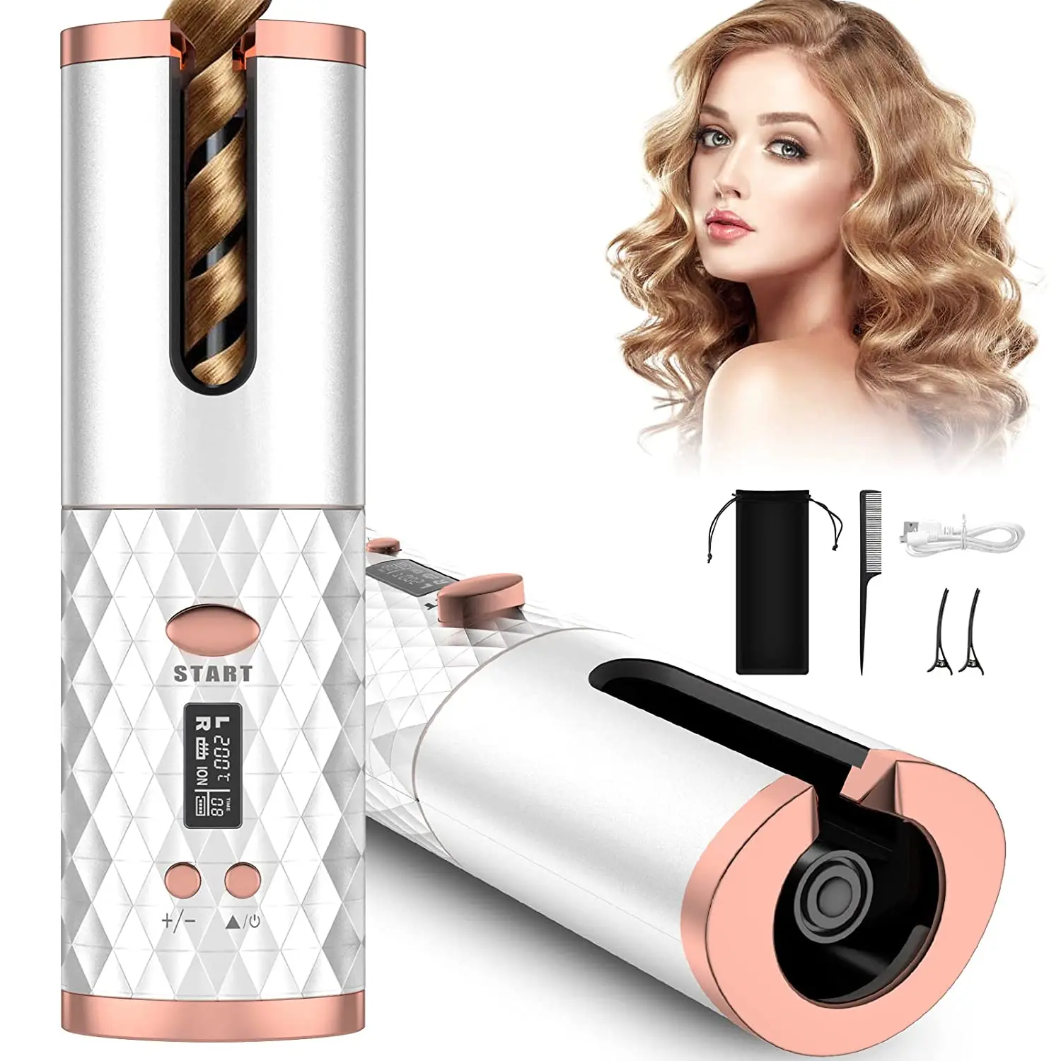 

Automatic Curling Iron Fast Heating Cordless Hair Curling Wand Anti-tangle Hair Curler With 6 Adjustable Temperature & LCD Timer