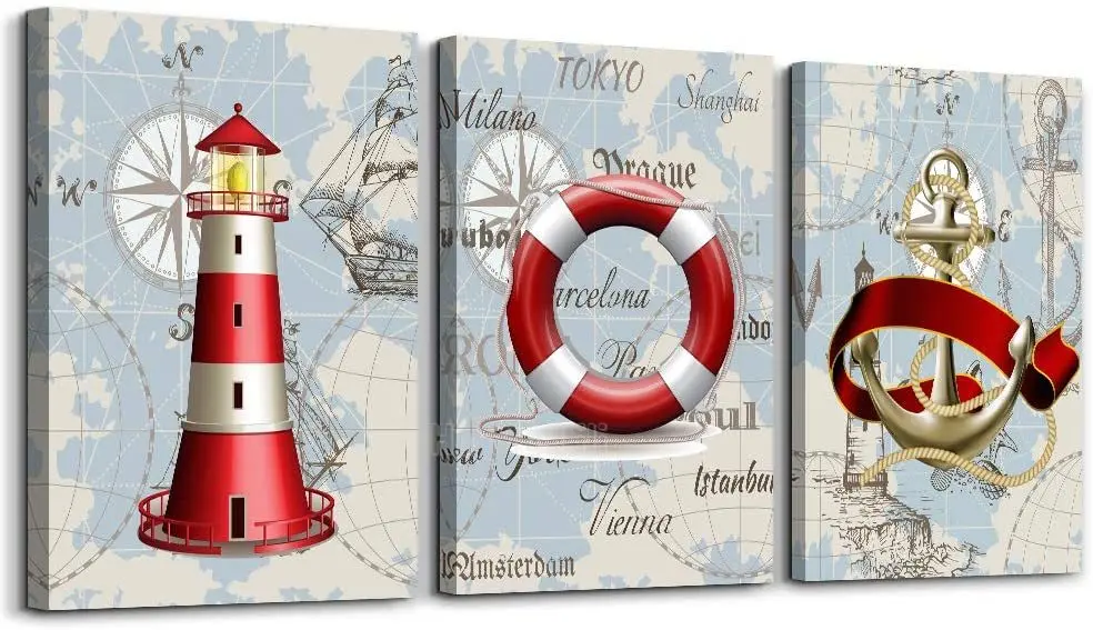 

Marine Theme Life Buoy Lighthouse Boat Wall Painting