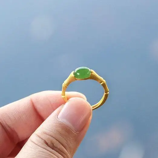 

Natural Hetian Jade Bamboo Ring 925 Sterling Silver Inlaid Adjustable Simple Classic Gift