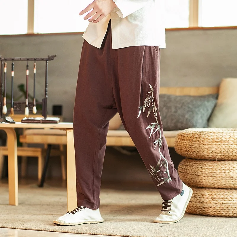 Мужские льняные брюки шаровары повседневные свободные с вышивкой в китайском