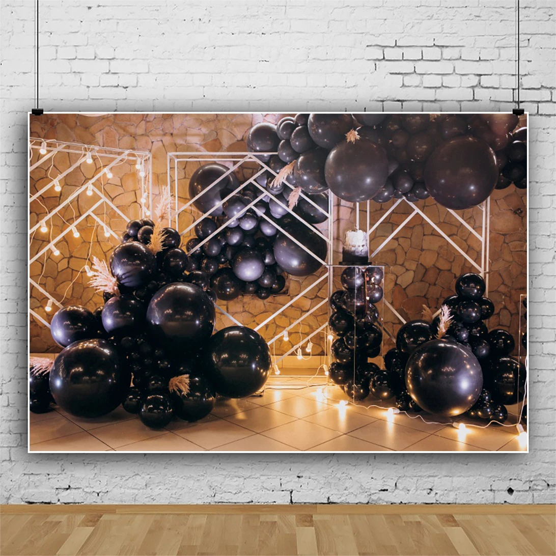 

Laeacco Black Balloos Cake Smash Sessions Birthday Party Scene Photography Backdrop Stone Wall Light Bulb Baby Shower Background