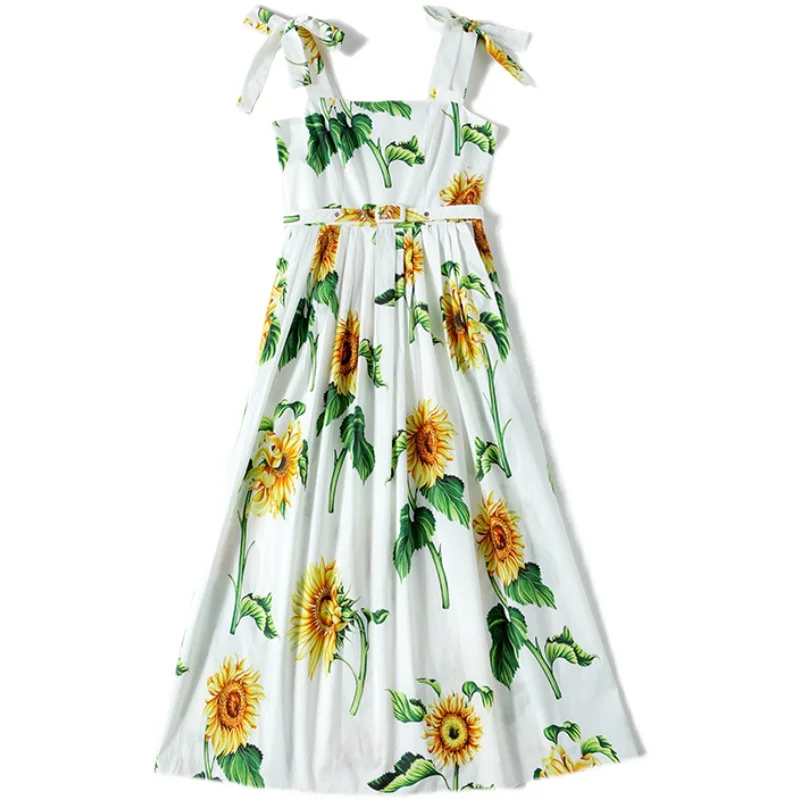 

Holiday Style Lace-up High-waist Printed Sunflower Suspender Women Dress New 2021 Fashion Casual Long Dress Vestidos