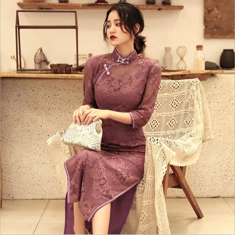 Женское кружевное платье в китайском стиле Элегантное Длинное Платье-Ципао