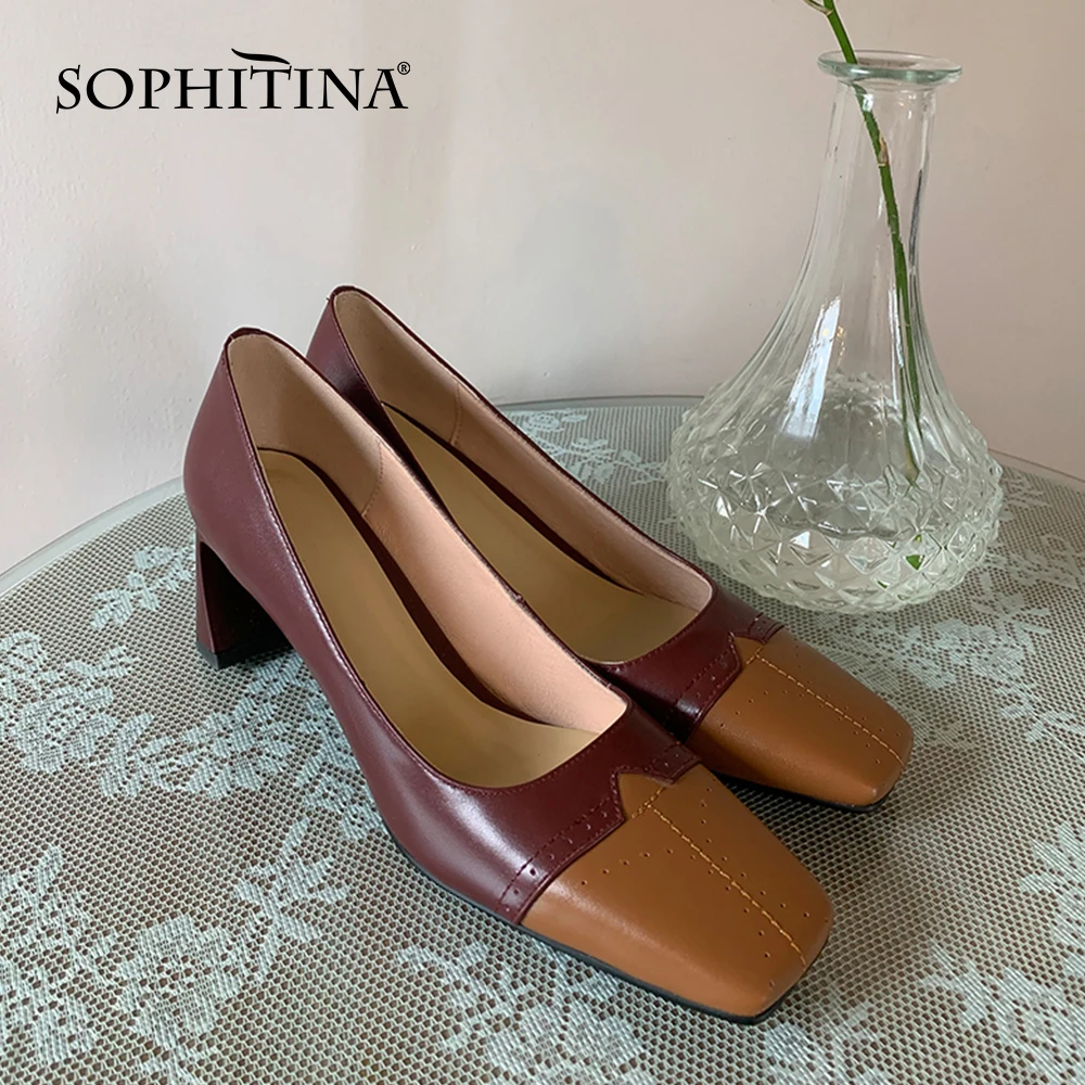 

SOPHITINA Pumps Woman Concise Style Silid Square Toe Shallow Elegant Style High Square Toe Offcie Lady Shoes PB10