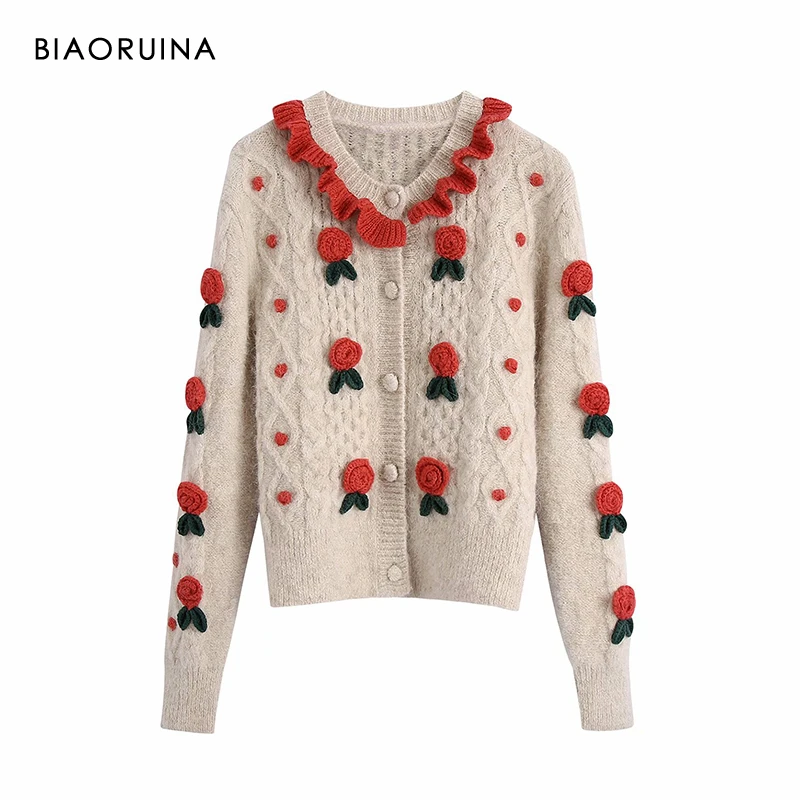 

BIAORUINA Women's Floral Flocking Single Breasted Sweet Knit Cardigan Round Neck Female French Style All-match Fashion Sweater