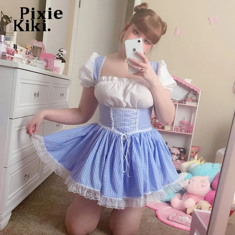 

Платье в мелкую клетку Kawaii Lolita, квадратный вырез, пышные рукава, кружевная отделка, бальное платье на завязках, милые сексуальные мини-плать...