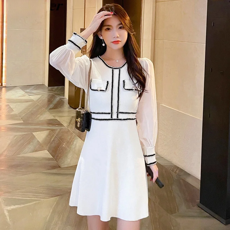 

Elegant Office Lady Dress Women Patchwork Chiffon Lantern Sleeve O-neck Knitted Slim Waist Sweater Mini Dresses Vestidos
