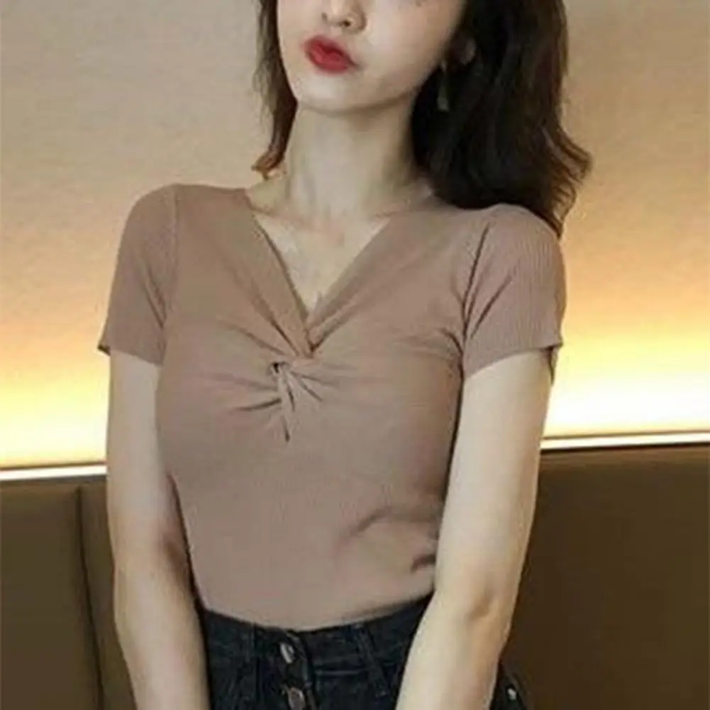 Твердые Цвет футболка для женщин 2021 летняя с короткими рукавами Тонкий вязаный