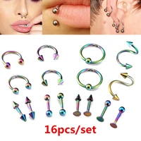16pcs fashion tongue nose body stainless steel lip studs navel nail safety piercing jewelry tool sets for unisex