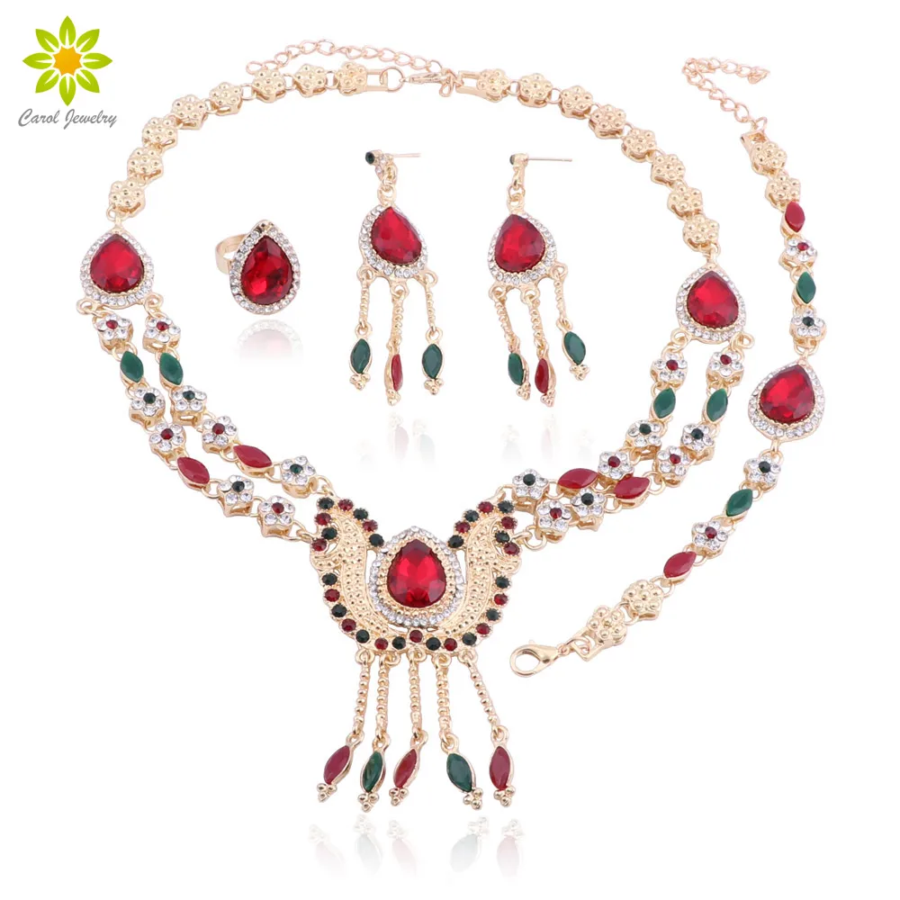 

African Costume Jewelry Set Gold Color Crystal Jewelry Sets Fashion Necklace Earrings Bracelet Ring Set for Women Wedding