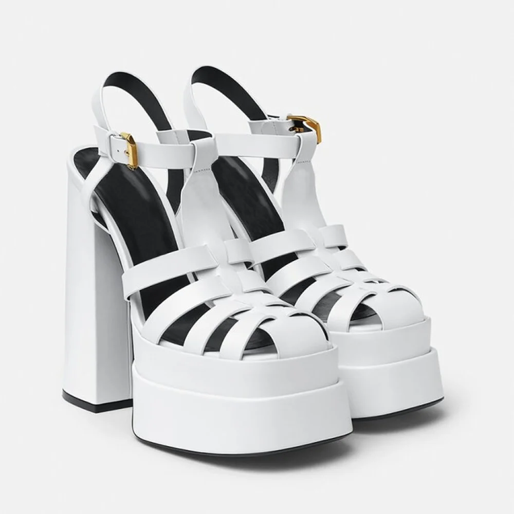 

Womens Square Toe Platform Block 14CM High Heel Sandals Shoes Rome Gladiator Plus Size Black White New 20222022