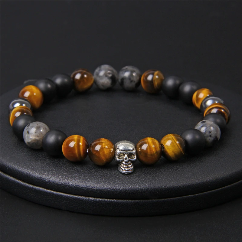 Модный браслет с черепом для мужчин и женщин натуральный камень тигровый глаз