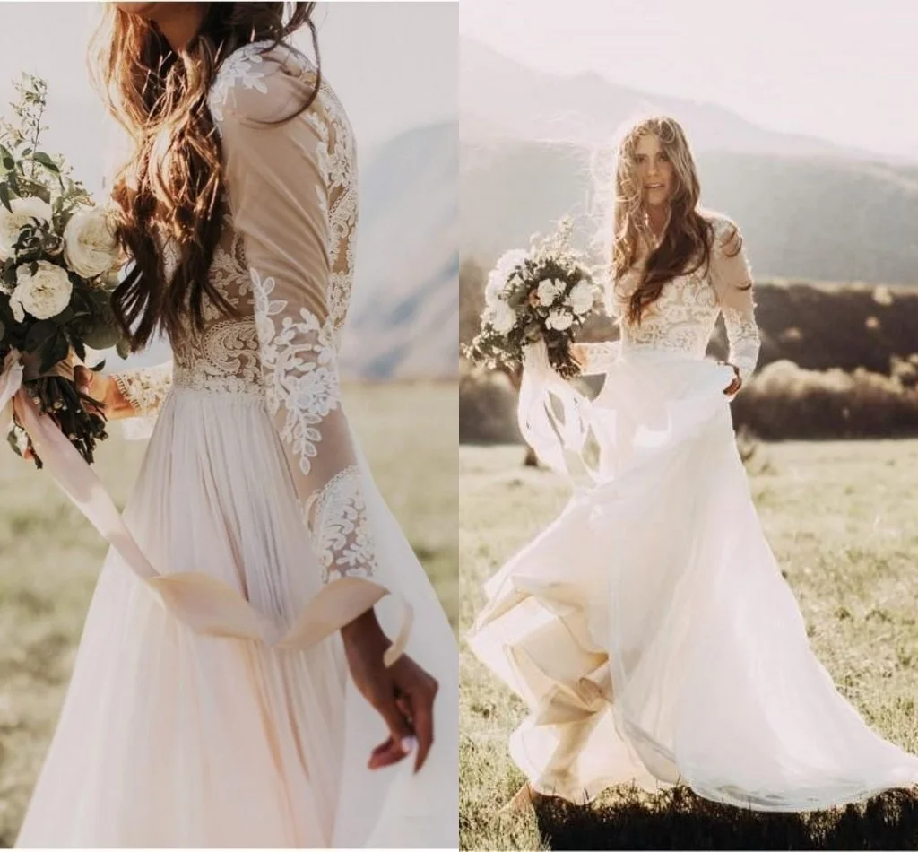 

Bohemian Country Wedding Dress Long Sleeves Bateau Neck A Line Lace Applique Chiffon Boho Bridal Gowns Cheap Vestido De Noiva
