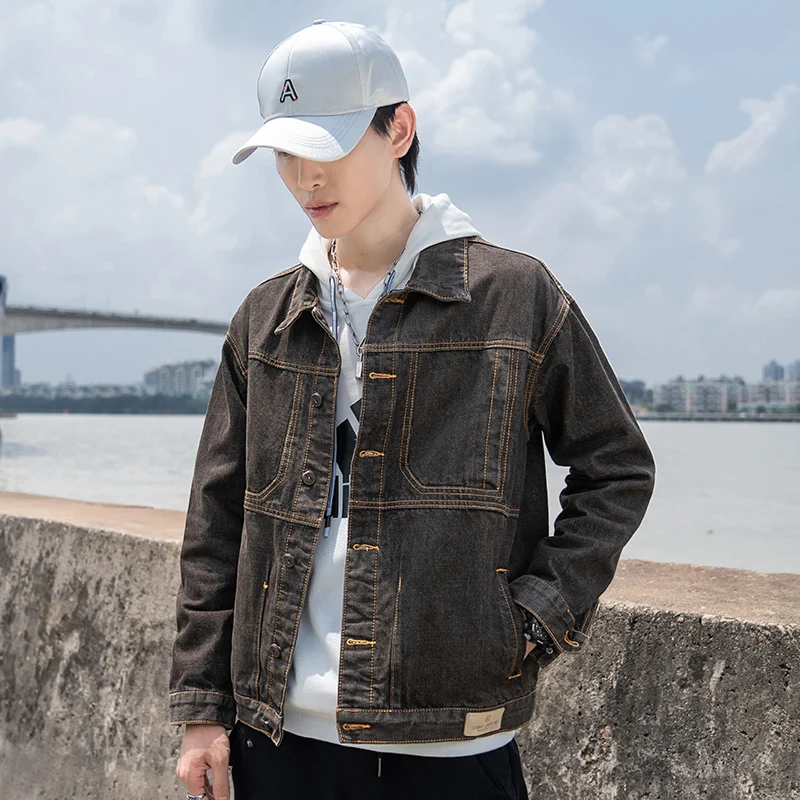 Темно-коричневый Повседневное тонкий Для мужчин джинсовая куртка размера плюс 5XL