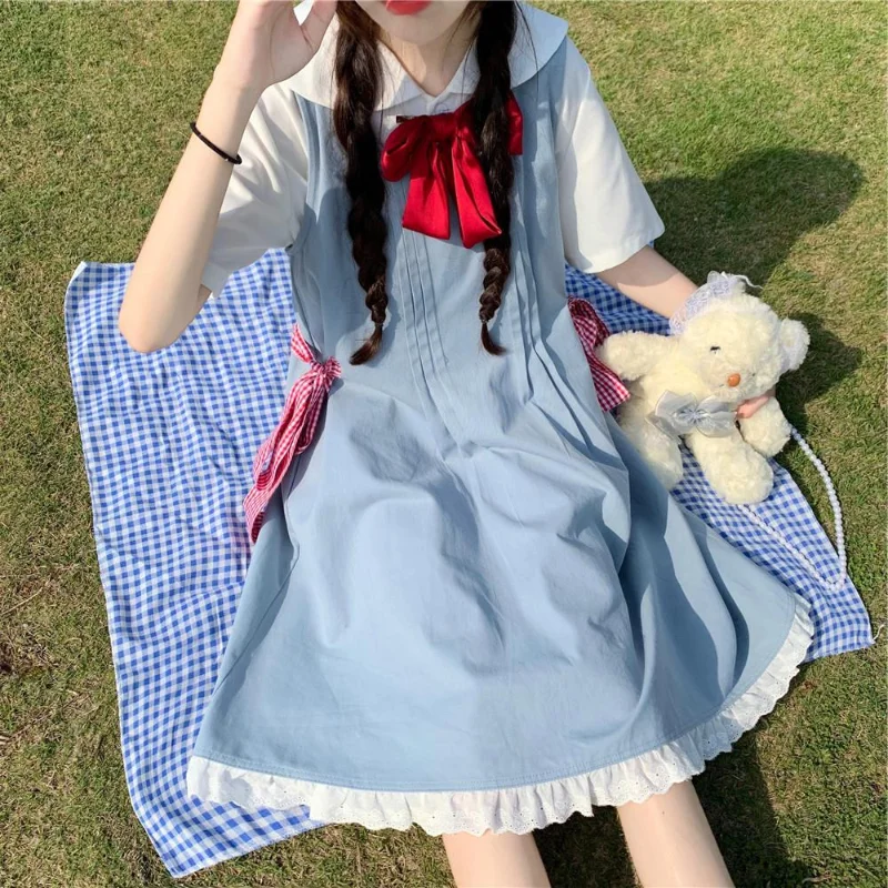 

HOUZHOU Women's Kawaii Dress Blue Slip Tank Midi Dress Cute Japanese Preppy Style Sweet Lolita Harajuku Vintage Sundress